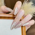 Nude cat eye press-on nails with shimmering pearlescent effect and long almond shape - Glue Type / BZ1935 Cat Eye Pine Ink