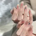 Pink gradient press-on nails with silver star patterns and rhinestones on long square tips - Light Sugar Star Moon