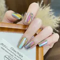 Holographische Laser-Silber-Chrom-Nägel zum Aufdrücken mit langer quadratischer Form - BZ1952 Gold Smaragd