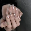 Rosa Coffin-Kunstnägel mit silbernem Glitzer, Marmormuster und Strasssteinen - Goldseidenfaden Stil (BY1093) / Kleber-Typ