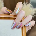 Mittellange quadratische holografische Aurora-Kunstnägel mit irisierendem Finish - BZ1954 Pfirsichgrün