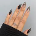 Black and smoke gray marble gradient stiletto press-on nails with silver pave ring - Glue Type / Black and White Cloud (BZ1117)