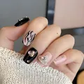 Short press-on nails in black and pink with zebra patterns and saturn charms - M / Pink Diamond Crown Style (BY1763) / 10 Pieces/Pack (Includes Tool Kit)