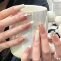 Handmade creamy white press-on nails with glitter diamonds and French gold line detail - Phototherapy Glue Style / Sugar Color Milkshake Style (BY1169)
