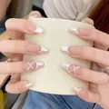 French tip press-on nails with silver pearlescent finish and pearl ballet ribbon design - Phototherapy Glue Style / Celestial Grace (BY1174)