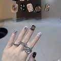 Y2K style handmade black and silver press-on nails set with metallic heart rings - Phototherapy Glue Style / Interstellar Galaxy (BY1161)