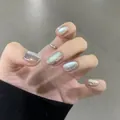 Silver mirror chrome press-on nails with metallic finish and matching minimalist ring - Laser Silver Metallic Short Square Style (BY1419) / Phototherapy Glue Style