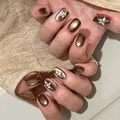 Unghie finte cat eye corte marrone scuro e oro champagne con strass a forma di stella lucida - Occhio di Gatto Oro Marrone Scuro Stella a Croce (BY1881) / Stile Colla per Fototerapia