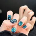 Starry sky blue cat eye press-on nails with cat and golden moon hand-painted patterns - Starry Blue Cat Eye (Liquid Glue)