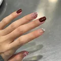 Deep burgundy press-on nails with red plaid patterns, pearls and glitter accents - Phototherapy Glue Style / Shy Peach and Apricot (BY1183)