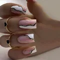 Elegant marble press-on nails with geometric pink and white patterns and gold glitter lines - Wangchuan Liujin (Glue Style)