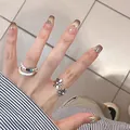 Short green grey gradient French press-on nails with silver rings on hands - Phototherapy Glue Style / Stunning Glimpse (BY1242)
