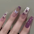 Detailed view of long square nails with purple cat-eye finish and 3D butterfly charms - By1819 Purple Heart Butterfly / Handmade Size M#10 Pieces/Bag