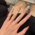 Long trapezoid press-on nails with nude base, gold wire art and heart rhinestone decoration - Phototherapy Glue Style / Gold Flower Jade Dew (BY1202)