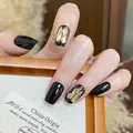 Handgemaakte zwarte kunstnagels met luxe gouden stenen en glitters voor een moderne uitstraling - Fototherapie Lijm Stijl / 24 Stuks/Set / Zwevende Wolken (BY1293)