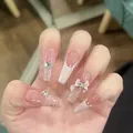 Handmade pink coffin press-on nails with sparkling butterfly bows and rhinestones - Phototherapy Glue Style / Parting Flowers and Willows (BY1200)
