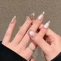 Detail of pink cat eye press-on nails with silver French tips and rhinestone accents - By1714 / Handmade Nail Art Size M 10 Pieces/bag [tool Kit Included]