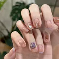 Handmade nude gradient press-on nails with purple french tips and 3D gemstones - Nude Transparent Gold Foil Style (BY1220) / Phototherapy Glue Style