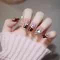 Handmade wine red French press-on nails with champagne rhinestones and heart gems - Phototherapy Glue Style / Flower Whispering (BY1237)