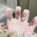 Handmade gradient red-brown press-on nails with glitter, gold foil, and rhinestones - Phototherapy Glue Style / 24 Pcs/Set / Swallows' Return (BY1190)