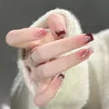 Long square wine red gradient press-on nails with silver glitter and rhinestone accents - Phototherapy Glue Style / 24 Pcs/Set / Pear Blossoms in Rain (BY1224)