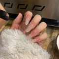 Unghie finte lunghe fatte a mano con sfumatura rosa nudo e finitura con trama gelée - Ramo d'Oro Dito di Giada (BY1298) / Stile Colla Gel UV (ai-30 Pezzi/Confezione) / Gradiente Nude/Bianco Latte