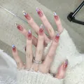 Red-brown ombre coffin press-on nails with silver glitter and sequins for women - Phototherapy Glue Style / Enchanting Gaze (BY1233)