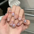 Handmade light purple press-on nails with silver metal bows, rhinestones and heart designs - Phototherapy Glue Style / Elegant and Lithe (BY1189)