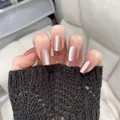Champagne gold cat-eye press-on nails in medium square shape with shimmering pearl finish - Phototherapy Glue Style / Frost and Snow (BY1356)