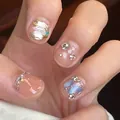 Blue butterfly press-on nails with silver glitter, rhinestones and shell fragments - Phototherapy Glue Style / 24 Pcs/Set / Golden Thread Butterfly (BY1272)