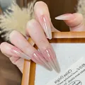 Long almond press-on nails with pink blush gradient and silver glitter finish - Boxed Style (BY2394) / Gradient Pink Cat Eye Shimmer