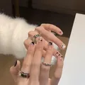 Short black French tip press-on nails with heart sequins and silver rings - Phototherapy Glue Style / Pearl White Black Heart Style (BY1282)