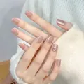 Unghie finte rosa occhio di gatto con strass scintillanti e design elegante di perle - Occhio di Gatto Rosa Bianco (BY1313) / 30 Pezzi/Confezione (Tipo di Colla per Fototerapia)