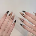 Unghie finte a mandorla lunghe con sfumatura nera e intarsio di strass di lusso - Diamante Oro Seta Nera (BY1337) / Stile Colla per Fototerapia