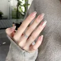 Three-stone silver ring with clear crystals and nude glitter press-on nails set - Starry Sky Style (BS2108) / 30 Pcs (Pre-made Nail Strips)