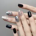 Close-up of short square press-on nails featuring black, silver glitter, and pink polka dots - M / Black and White Weave Style (BY1828) / 10 Pieces/Pack (Includes Tool Kit)