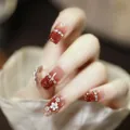 Short square press-on nails in cherry red glitter ombre with 3D white flowers and gems - Phototherapy Glue Style / Graceful Eyebrows (BY1360)