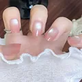 Pink pearlescent short square press-on nails with shimmering aurora finish effect - Refreshing (BY2128) / Pre-made Nail Strips (30 Pieces)