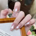 Détails macro de faux ongles amande longs avec dégradé œil de chat rose nude et nœud - Toutes Tailles / Style Magnétique Œil de Chat / Pack de 30 / Œil de Chat Rose Nude (BY2015)