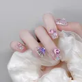 Short square glitter press-on nails with silver glitter and 3D pink purple heart rhinestones - Phototherapy Glue Style / 24 Pcs/Set / Phoenix and Dragon (BY1159)