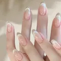 Short oval almond press-on nails in nude pink with silver cat-eye French gradient tips - Phototherapy Glue Style / Slender Hands (BY1179)