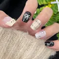 Detailed view of press-on nails featuring 3D bear motifs and black plaid patterns - M / Gentle and Elegant Style (BY1944)