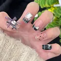 Cat eye press-on nails featuring black and white French grid with purple ribbon bows - M / Purple Ribbon Big Diamond Style (BY1931)