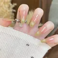 Uñas postizas largas almendradas con degradado ojo de gato verde y anillo de perla - Uñas Hechas a Mano (Talla XS) / Degradado Limón Ojo de Gato