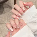 Handmade nude pink press-on nails with pearl heart design and French tips for women - Fragrant Lake Style (BY2211) / 10 Pcs (Size M)