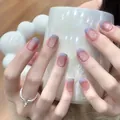 Short round press-on nails with purple French tips and silver glitter on nude base - Celestial Elegant Style (BY2057) / Prefabricated Nail Strip
