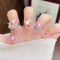 Unghie finte rosa con strass misti e decorazioni a stella in una forma quadrata corta - By2188 Diamanti Scintillanti / Unghie Finte Indossabili #30 Pezzi/scatola