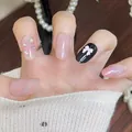 Handmade almond press-on nails featuring black French tips, glitter plaid, and 3D bows - Blooming Hibiscus Style (BY2225) / Handmade Nails Size M (10 Pieces/Pack)