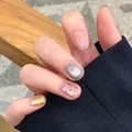 Unghie finte corte tonde occhio di gatto con glitter rosa e pois, set da 30 pezzi - Taglia S / Cielo Stellato (Taglia S Completa Striscia)