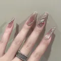 Details von langen Coffin-Nägeln mit rosa Farbverlauf, Cat-Eye-Effekt und Strasssteinen - 1996 Vollmond Im Sternenhimmel / Tragbare Fingernägel 30 Stück/packung